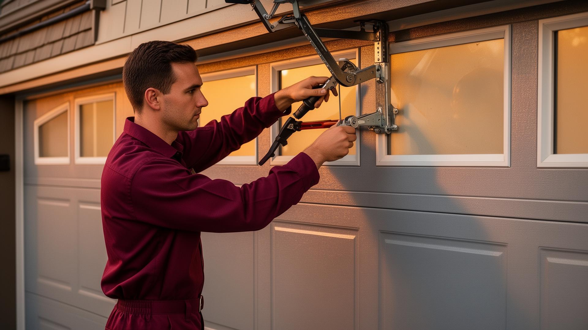 Professional garage door technician servicing a residential garage door